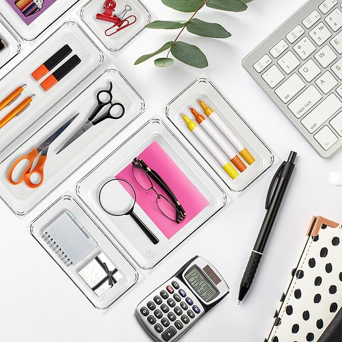 12 Pack Drawer Organizer - 6" X 9" Clear Acrylic Storage Bins with Non-Slip Pads, Versatile Desk Tray for Makeup, Jewelry, Kitchen, Bathroom, and Office Organization