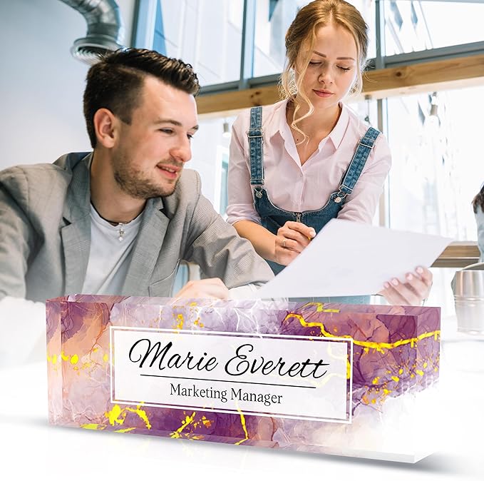 Personalized Name Plate for Desk Custom Acrylic Desk Name Plate Custom Employee Appreciation Gifts Office Gifts for Women, Men, Boss, Coworkers, Teacher, Nurse (Purple Marble)