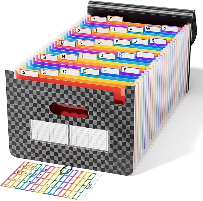 ABC life 26 Pockets File Organizer, Expanding File Folder A4 Letter Size, Portable Monthly Paper Bill Tax Receipt Organizer, Document Holder with Labels - Checkered Pattern