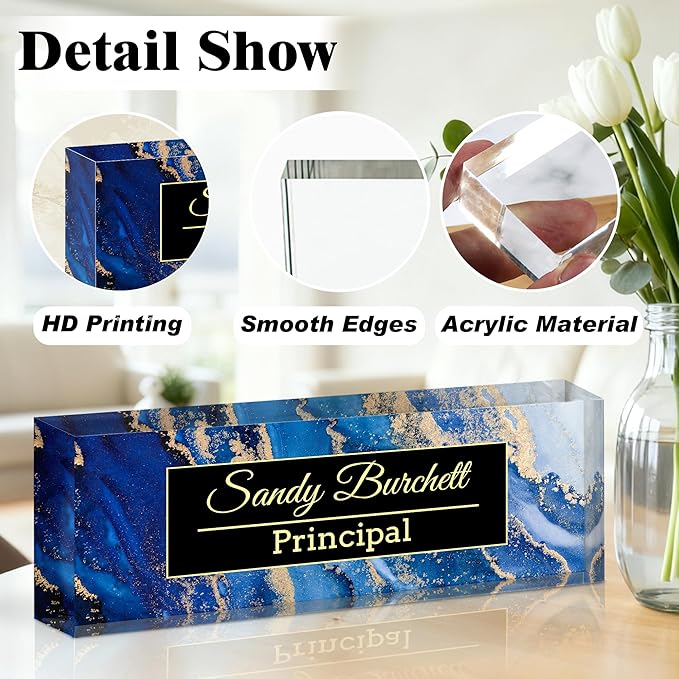 Ship Next Day-Custom Name Plate for Desk, Desk Name Plate Personalized, Acrylic Office Desk Accessories, Appreciation Gifts for Coworkers Employee Teachers Boss Women Men (Blue Coast)