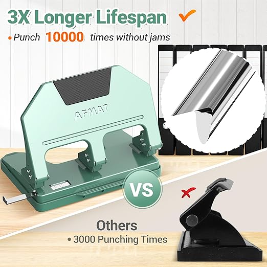 AFMAT 3 Hole Punch, 9/32" Holes, 40-Sheet 3 Hole Puncher for Binder, 50% Reduced Effort, Metal Heavy Duty Three Hole Punch w/ 10,000+ Uses, Bulit-in S.S. Paper Guide, Large Chip Tray, Green, HPX3