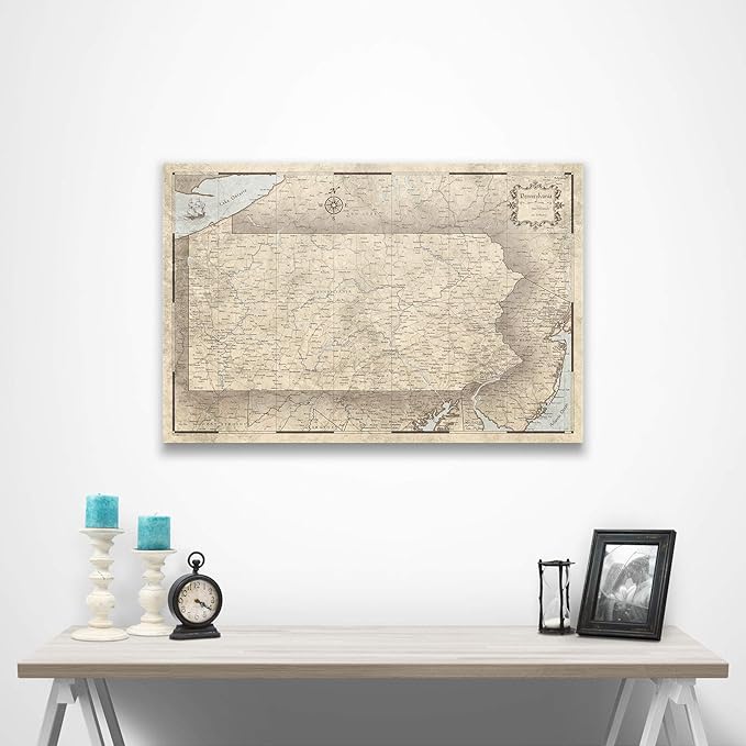 Push Pin Pennsylvania Map Board - With Push Pins to Mark Pennsylvania Travels - Handmade in Ohio, USA - Design: Rustic Vintage