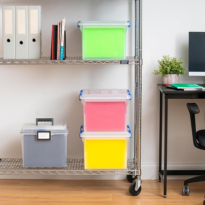 IRIS USA File Box, WeatherPro File Organizer for Letter/Legal File, Water Resistant Document Box, Plastic Gasket File Box With Tight Latch and Seal, Stackable Nestable, Clear/Blue 32 Qt. 3 Pack