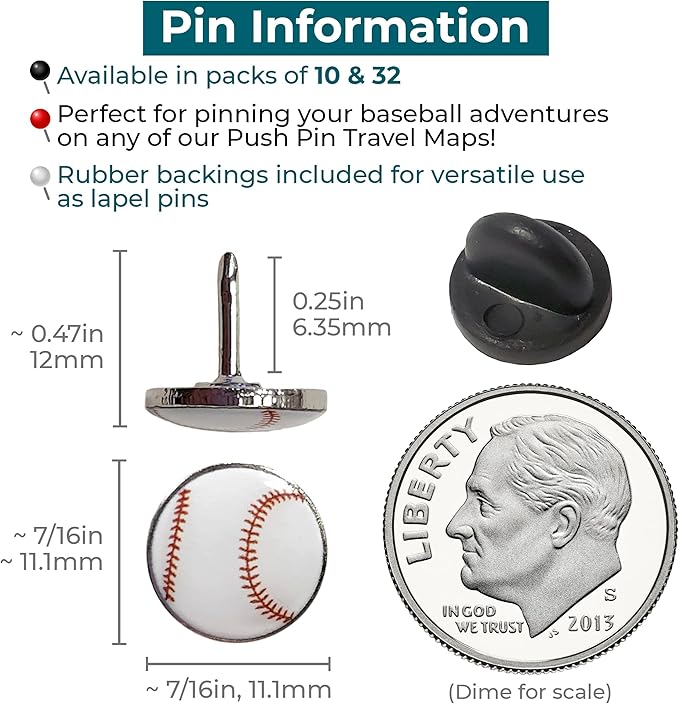 Baseball Push Pins, for Cork Board, Maps, or Lapel Pin Use, Designed in The USA, Baseball Pins, Set of 32