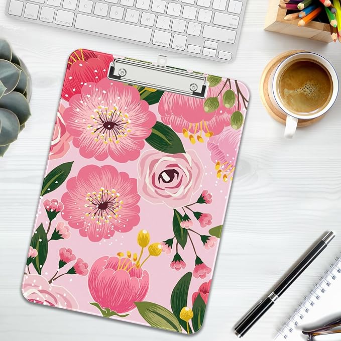 Rimilak Plastic Clipboards with Metal Clip, A4 Letter Size 9 x 12.5 in, Office Decorative for Students Women Men and Kids, Cute Custom Pattern, Pink Flower
