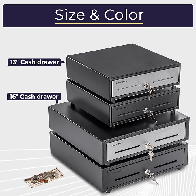 Volcora 13" Cash Register Drawer for Point of Sale (POS) System with Fully Removable 2 Tier Cash Tray, 4 Bill/5 Coin, 24V, RJ11/RJ12 Key-Lock, Double Media Slot, Small Money Drawer, Black