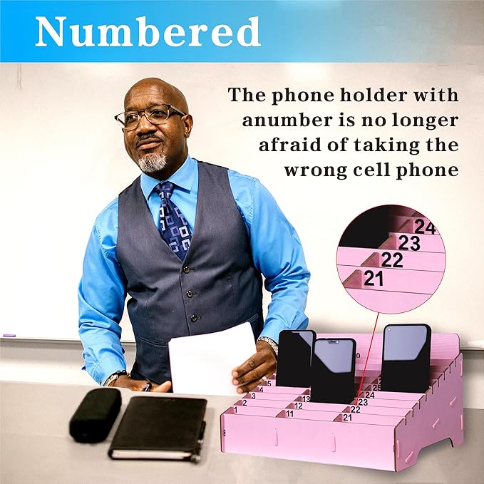 OFCAD 30-Grid Cell Phone Holder with Number Stickers Desktop Organizer Storage Box for Classroom Office(Pink)