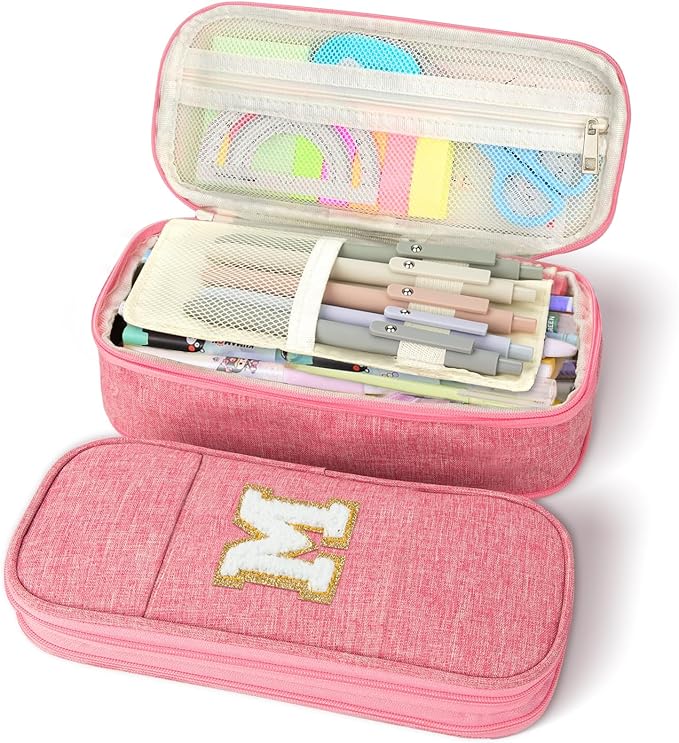 Large Capacity Pink Pencil Case, Cute Pencil Case Pencil Pouch with Zipper For Girls Women, Expandable Preppy Pencil Bag Large Storage High Capacity Bag Organizer for School Home Office Supplies, M