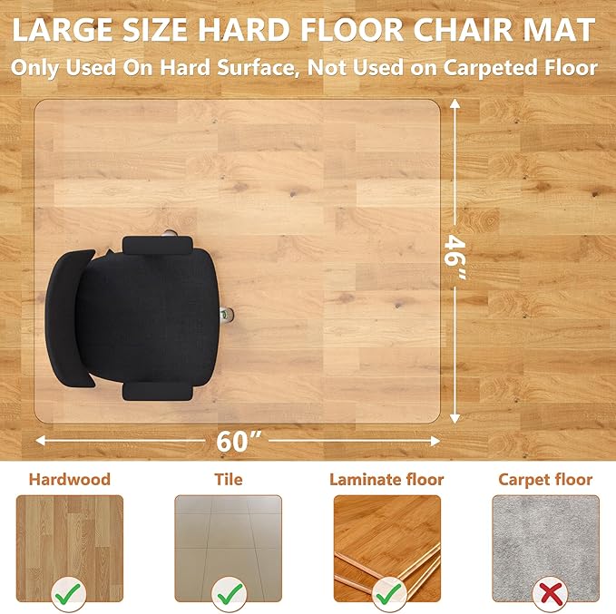 HOMEK Office Chair Mat for Hardwood Floor, 46”x 60” Vinyl Desk Chair Mat Clear Floor Protector Mat for Rolling Chair Office & Home, Easy Glide and Flat Without Curling