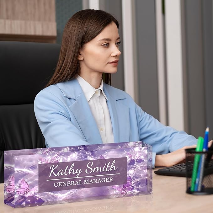 Ship Next Day-Custom Name Plate for Desk, Desk Name Plate Personalized, Acrylic Office Desk Accessories, Appreciation Gifts for Coworkers Employee Teachers Boss Women Men (Purple Butterfly)