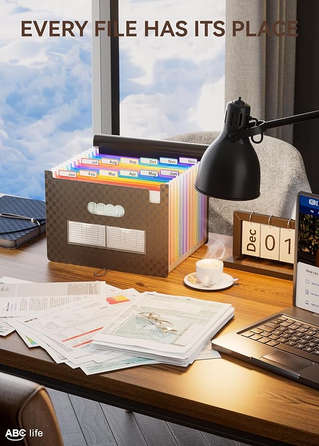 ABC life Accordion File Organizer 12 Pockets,Expanding File Folder/Portable A4 Letter Size Filling Box, Expandable Desktop Accordian Folder, Plastic Paper Document Coupon Organiser with Colored Labels