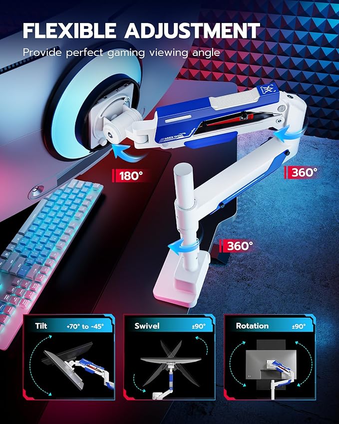 ARES WING CoreArm Single Monitor Mount, Ultrawide Monitor Arm for 24 to 57'' Heavy Duty Curved Screen, Adjustable Gas Spring Monitors Arm Stand up to 66LBS with 75/100/200 Vesa Mount, White