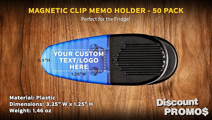 50 Magnetic Memo Holders Set - Customizable Text, Logo - Large Clip, Plastic - TBlue