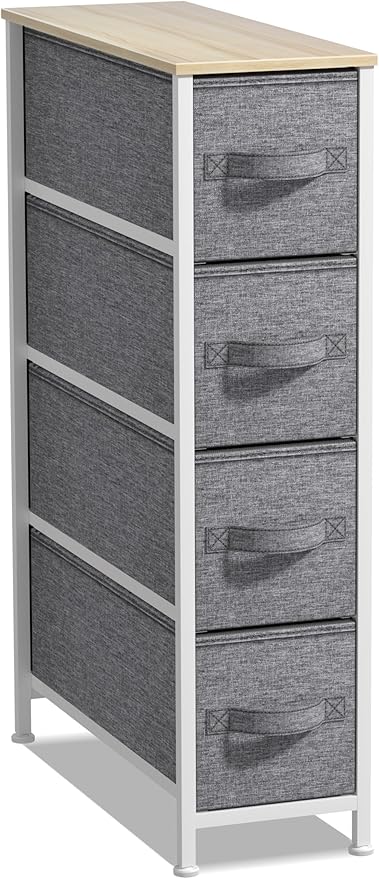 Sorbus Narrow Dresser with 4 Drawers - Vertical Slim Storage Chest of Drawers with Steel Frame, Wood Top & Easy Pull Fabric Bins for Small Spaces, Closets, Bedroom, Bathroom & Laundry (Beige)