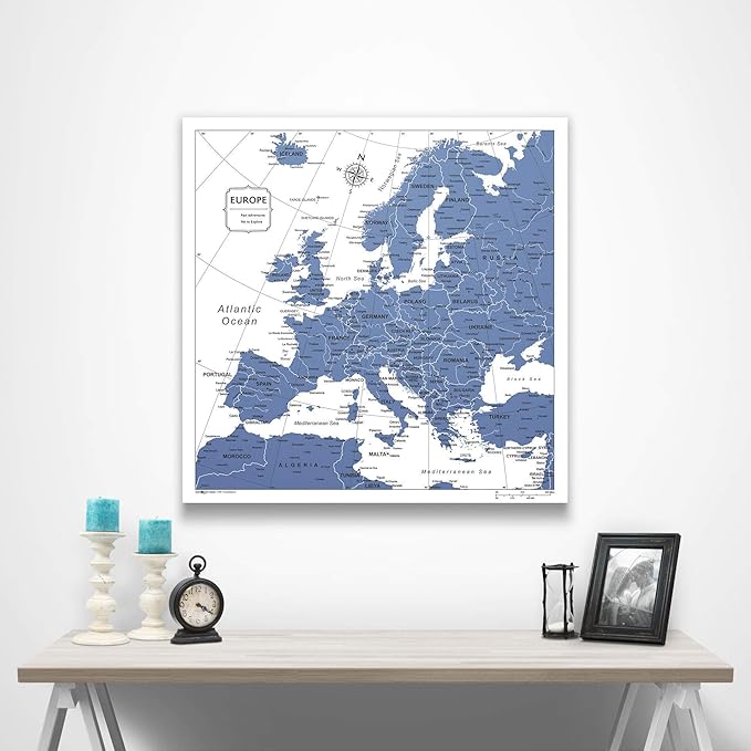 Push Pin Europe Map Board - With Push Pins to Mark Europe Travel - Handmade in Ohio, USA - Design: Navy Color Splash