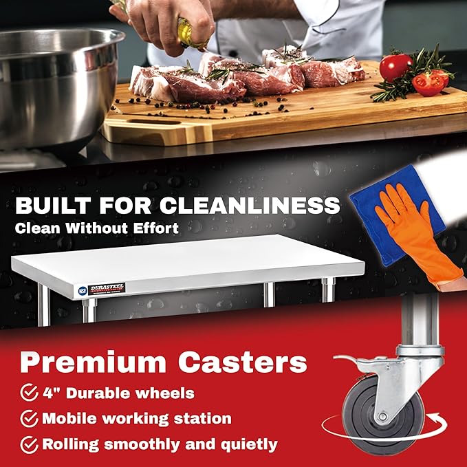 DuraSteel 30x48 NSF Stainless Steel Cart - Heavy Duty Food Prep Table with Undershelf - Rolling Kitchen Island on Wheels for Commercial Restaurant Kitchen, Garage, Outdoor Cooking, BBQ Grill, Counter
