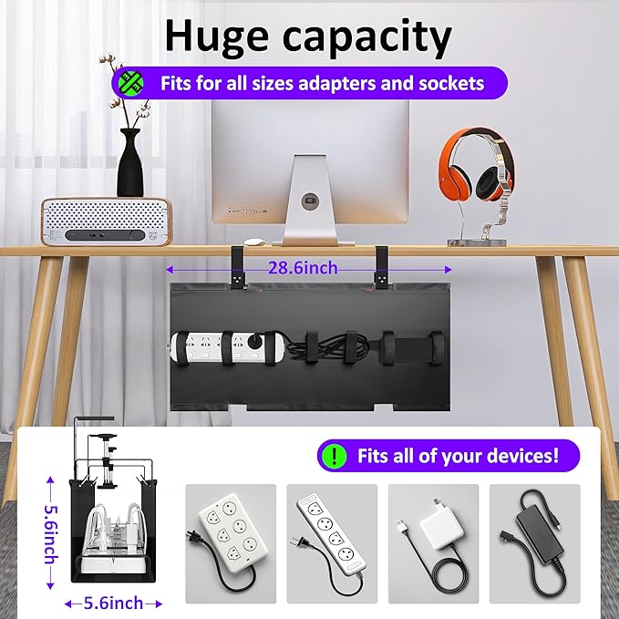 Under Desk Cable Management Tray - Under Desk Cord Management - Clamp/Screw Mount - Fabric Wire Management - Cable Raceways Tray Cord Hiders for Office/Home (Black, 28.6"×5.6")