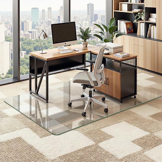 Furnbar Office Chair Mat for Carpet & Hardwood, Upgraded 48" x 72" Tempered Glass Chair Mat for Office Home, with 4 Anti-Slip Pads