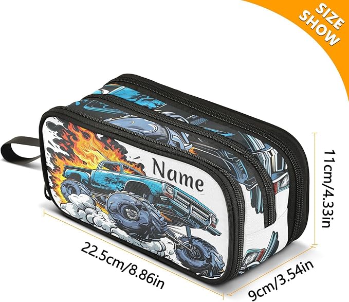 Custom Monster Truck Flame Pencil Case Box Boys Girls Personalized Name Large Pencil Pouch Stationery Pen Bag Organizer for Kids Adults School Office