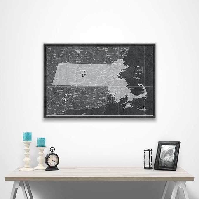 Conquest Maps Push Pin Massachusetts Map Board - With Push Pins to Mark Massachusetts Travels - Handmade in Ohio, USA - Design: Modern Slate