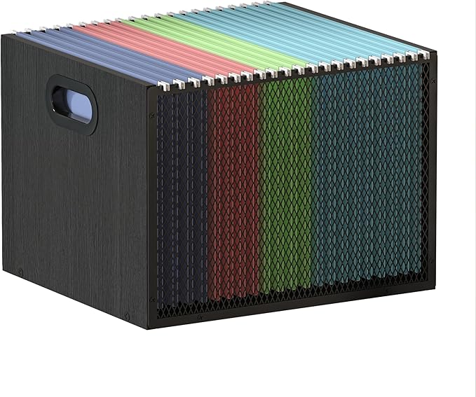 Piskyet Wooden Hanging File Organizer for desk, Metal Mesh File Folder Organizer Crate Cabinet Storage Box with Handle for Home Office Desk,Letter - Size,Black