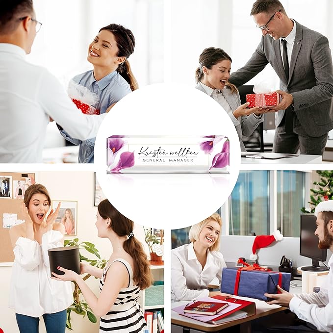 Desk Name Plate Personalized, Premium Purple Calla Lily Acrylic Desk Name Plate, Personalized Name Plate for Desk, Office Decor for Women or Men Coworkers, Boss, Employee, Teacher