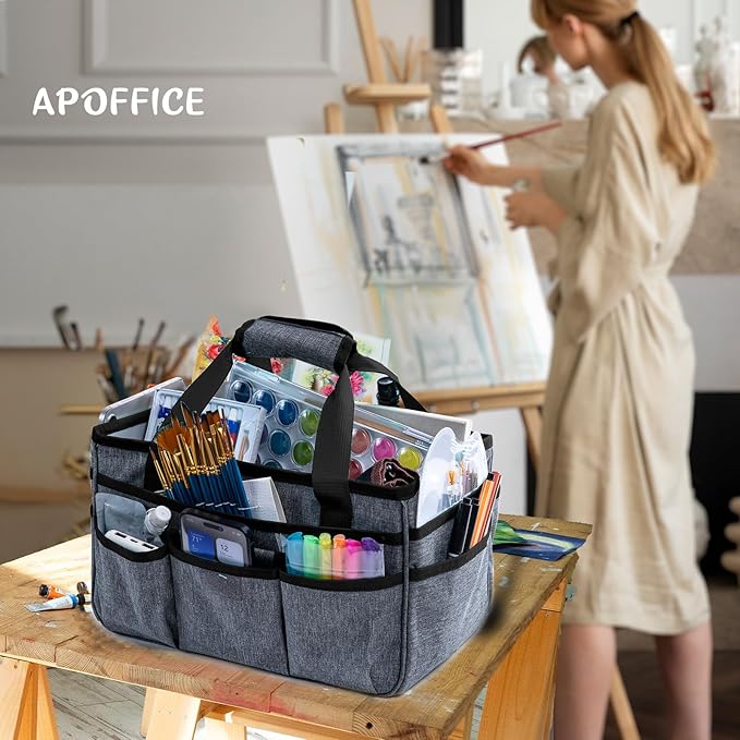 Art Supply Organizer Tote Bag – Craft Caddy with Handle, Utility Storage Tote with Multiple Pockets & Adjustable Divider for Sewing, Scrapbooking, School, Office, Medical Supplies