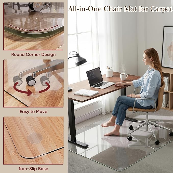 Homsion 45"x45" Tempered Glass Office Chair Mat for Carpet & Hardwood Floor, 1/5" Thick Clear Floor Protector Desk Chair Mat with Rounded and Polished Edges