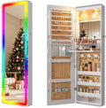 Lvifur LED Mirror Jewelry Cabinet - with RGB lights,Lockable Wall/Door Mounted Full Length Mirror with Storage,Hanging Jewelry Organizer-2 Drawers,Foldable Shelf,Built-in Lighted Mirror(White)
