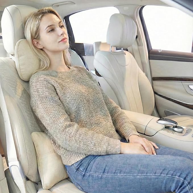 2PCS Car Pillow for Car Neck Pillow for Driving Seat Lumbar Support Soft Cushion with Extra Filling Accessories Back Support for Travel Nap and Trips Sleeping(Beige, Head and Lumbar)