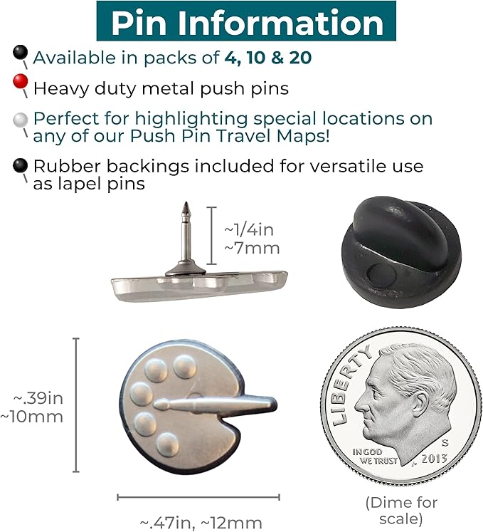 Painters Palette Push Pins - Silver Paint Palette Map Pins for Artists for Cork Boards, Maps, or Lapel Use - Designed in USA - Set of 10