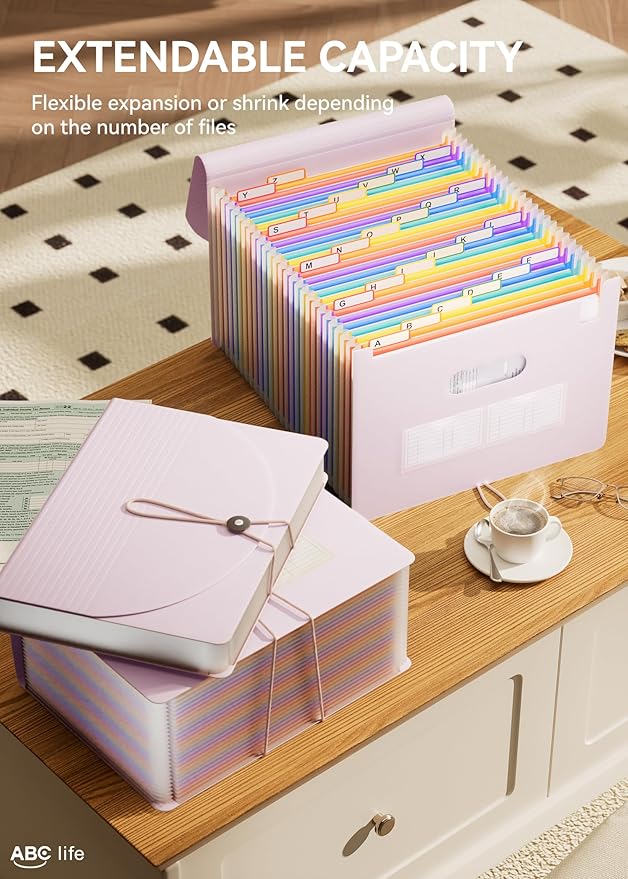 ABC life 26 Pockets Accordion File Organizer, Expanding File Folder, Portable Monthly Paper Bill Tax Receipt Organizer, Letter A4 Size Document Organizer with Blank Labels - Pinkish Purple