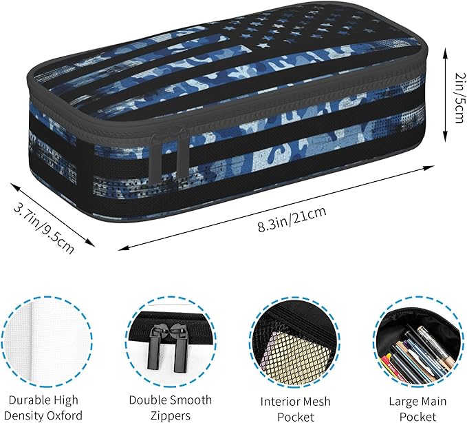 American Flag Style Pencil Case for Kids Adults, Camo Pencil Box for Boys Girls, Blue Pencil Pouch Big Capacity Portable Stationery Storage Desk Pen Bag for School Office
