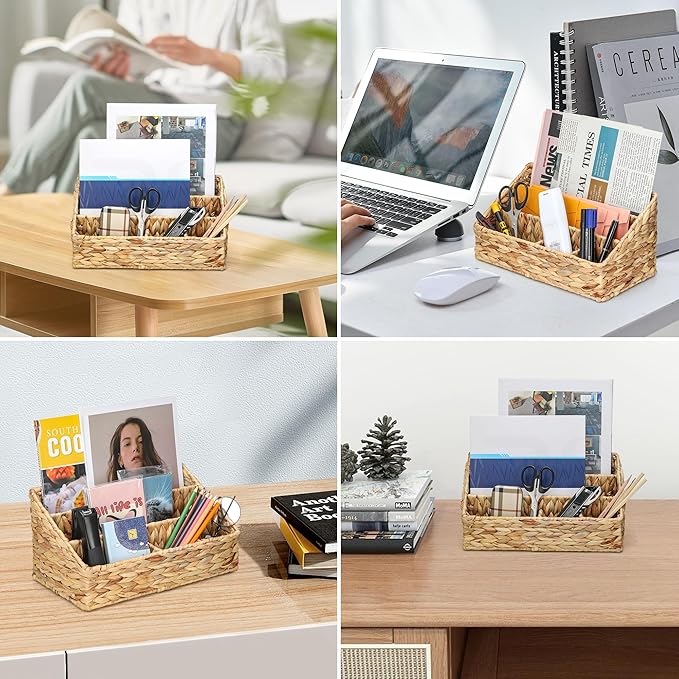 Desk Organizer – Countertop Mail Organizer, Magazine Holder, Boho Decor Water Hyacinth Desk Mail Holder for Home Office, Farmhouse, 12.6" L x 6.7" W x 6.3" H