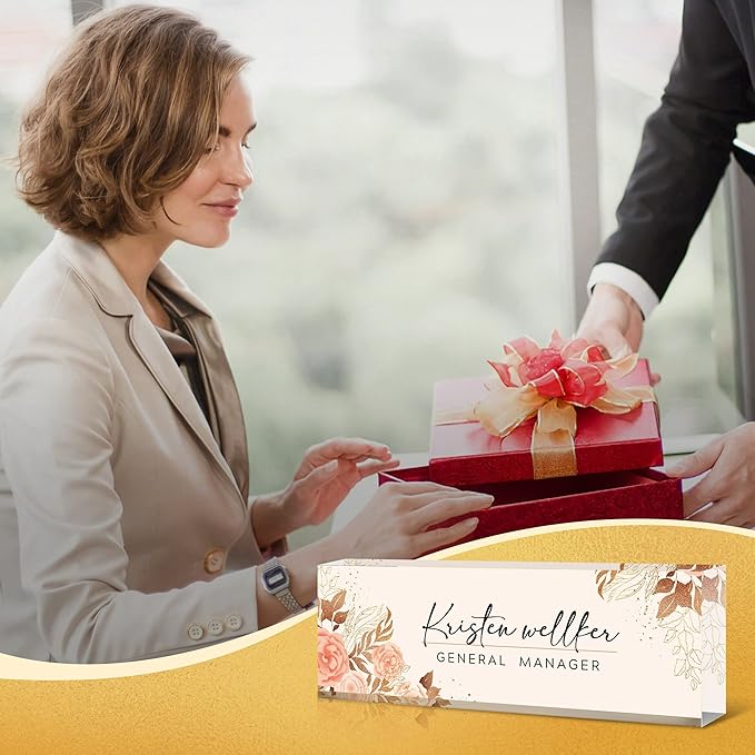 Desk Name Plate Personalized, Premium Pink Golden Hibiscus Flowers Acrylic Desk Name Plate, Personalized Name Plate for Desk, Office Decor for Women or Men Coworkers, Boss, Employee, Teacher