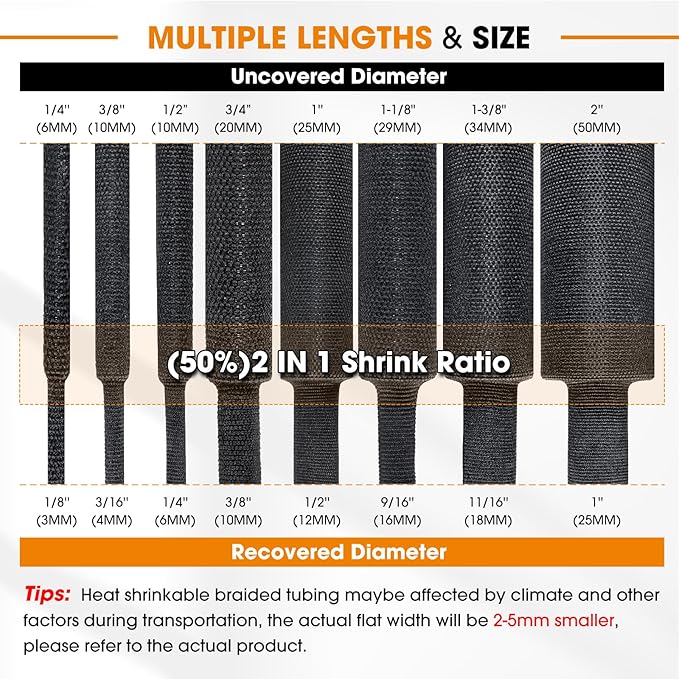 2:1 Ratio Automotive Heat Shrink Braided Sleeve, Cord Protector, Wear-Resistant Fabric Flat Woven Shrinkable Tubing Wires Hoses Protection (3/8"-15ft)