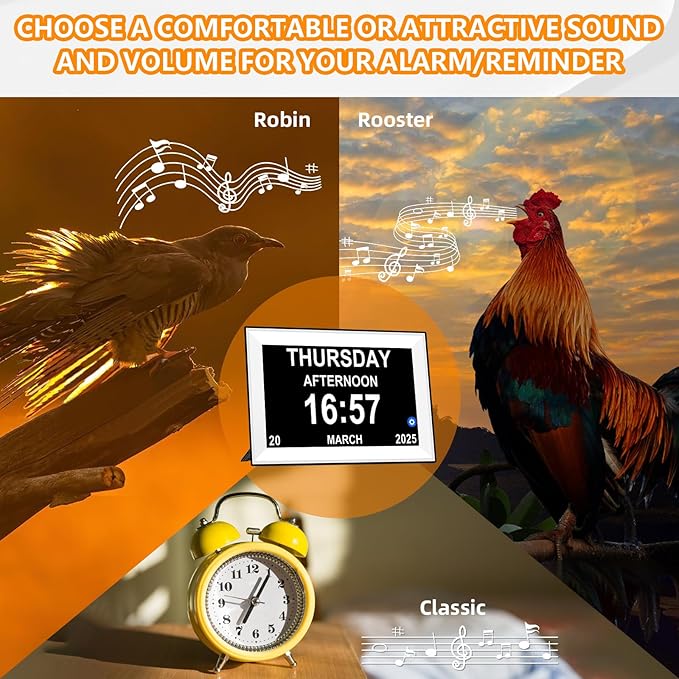 10.1" Easy to Use Touch Screen Digital Clock with 64 Sets of Custom Alarm Clocks,3 Ringtone Options,Dementia Clock with Day and Date of Week,Clock for Seniors, Auto DST,Gfits (White)