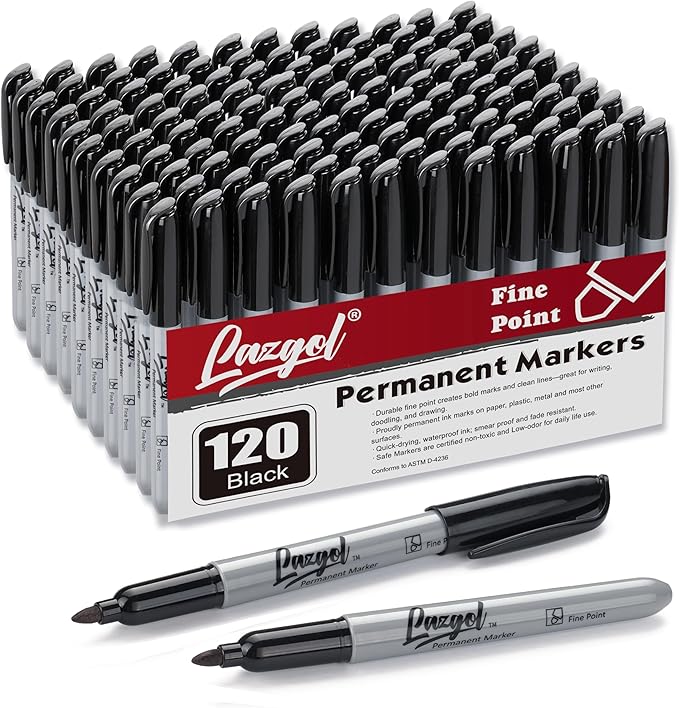LAZGOL Permanent Markers Bulk, 120 Pack Fine Tip Black Permanent Markers, Waterproof Markers, Premium Smear Proof Pens, Quick Drying, Office Supplies for School, Office, Home