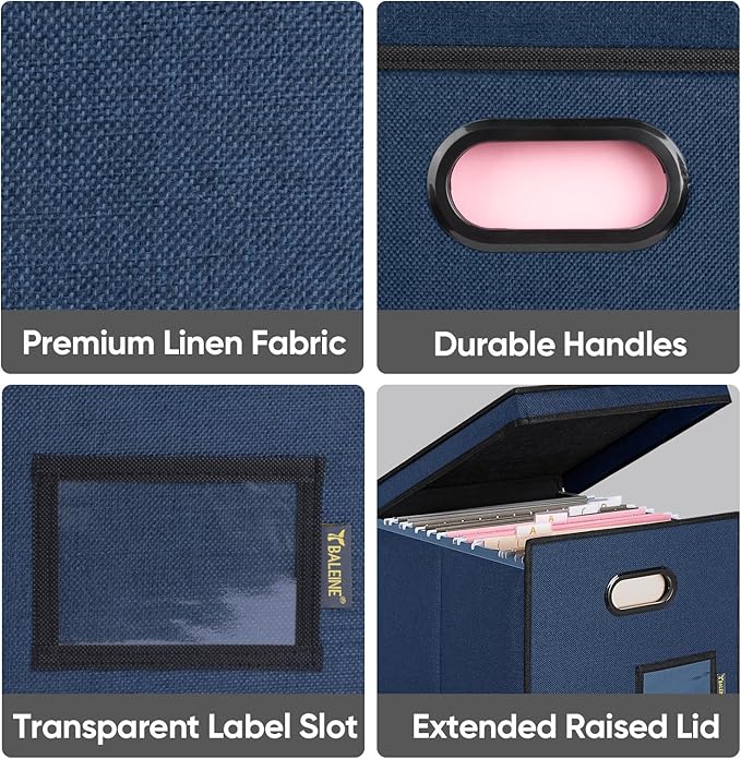 BALEINE File Organizer Box with Lid, Collapsible File Folder Organizer with Plastic Slide, Hanging File Folder Box for Office Document Storage (Tab Friendly, 1 Pack, Blue)