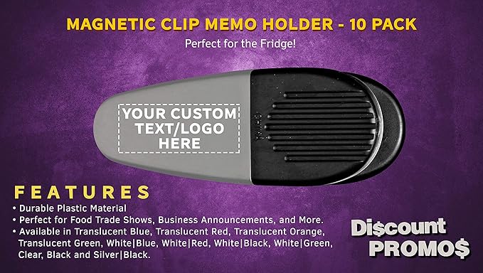 10 Magnetic Memo Holders Set - Customizable Text, Logo - Large Clip, Plastic - Silver Black