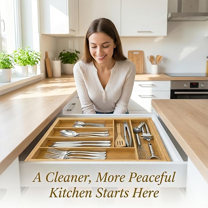 Culinary Edge Expandable Bamboo Drawer Organizer, Adjustable 6-Slot Cutlery Tray for Silverware & Kitchen Utensils, Natural Bamboo Drawer Divider for Flatware and Gadget Storage