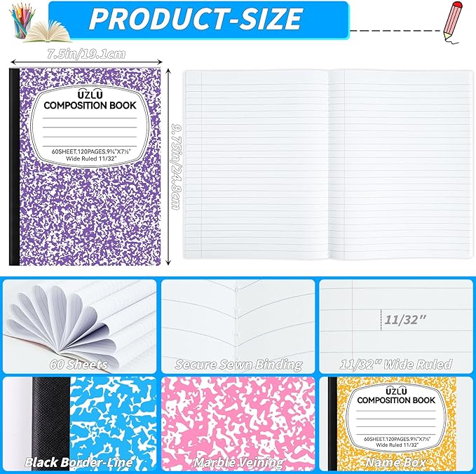 24 Pack Large Composition Notebooks Bulk 9.75 x 7.5 in Wide Ruled Composition Books 12 Color Assorted Marble Journal Notebook 60 Sheets per Book for Aldult Student College Office Back to School Supplies