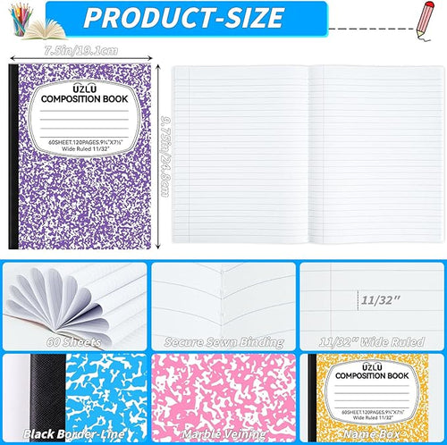 24 Pack Large Composition Notebooks Bulk 9.75 x 7.5 in Wide Ruled Composition Books 12 Color Assorted Marble Journal Notebook 60 Sheets per Book for Aldult Student College Office Back to School Supplies