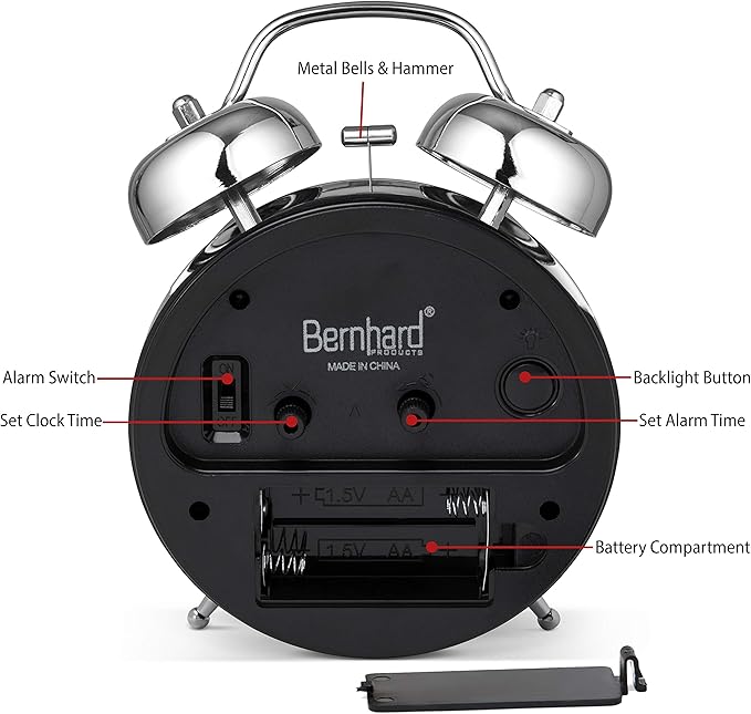 Bernhard Products Analog Alarm Clock Twin Bell 4" Silver Metal Extra Loud Quartz Battery Operated with Backlight Silent Non-Ticking for Bedside Desk Vintage Retro Antique Decorative Old School, Chrome