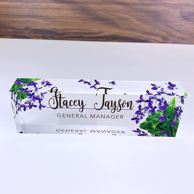 Artblox Personalized Name Plate For Desk | Violets Flowers Design On Clear Acrylic Glass | Custom Desk Name Plate Personalized With Your Name And Credentials For Teacher Phd Military Office Name Plate
