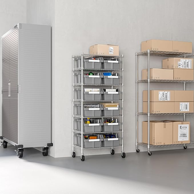 Seville Classics Heavy Duty NSF Bin Rack Solid Steel Wire Shelving Storage Unit, Patented Organizer for Garage, Warehouse, Office, Restaurant, Classroom, Kitchen, Gray, Includes 12 Bins