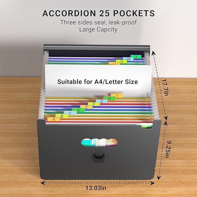 25 Pockets Expanding File Folders,Portable Accordian File Organizer,Expandable File Folder,Bill,Paper,Document Organizer,Plastic Accordion Filing Box,Colored Tabs,A4/Letter Size Diamond