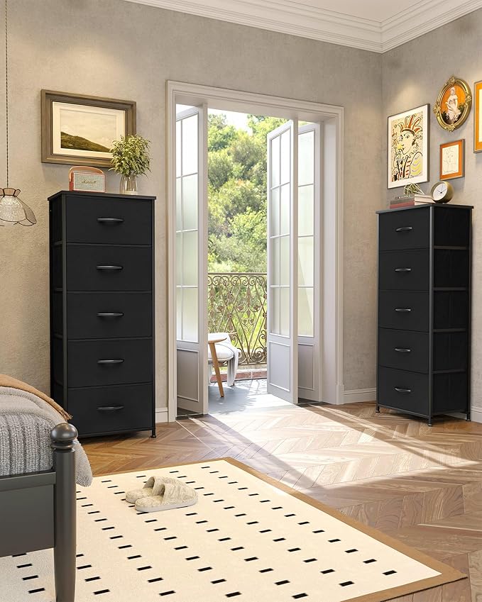Crestlive Products Vertical Dresser Storage Tower - Sturdy Steel Frame, Wood Top, Easy Pull Fabric Bins - Organizer Unit for Bedroom, Hallway, Entryway, Closets - 5 Drawers(Black)