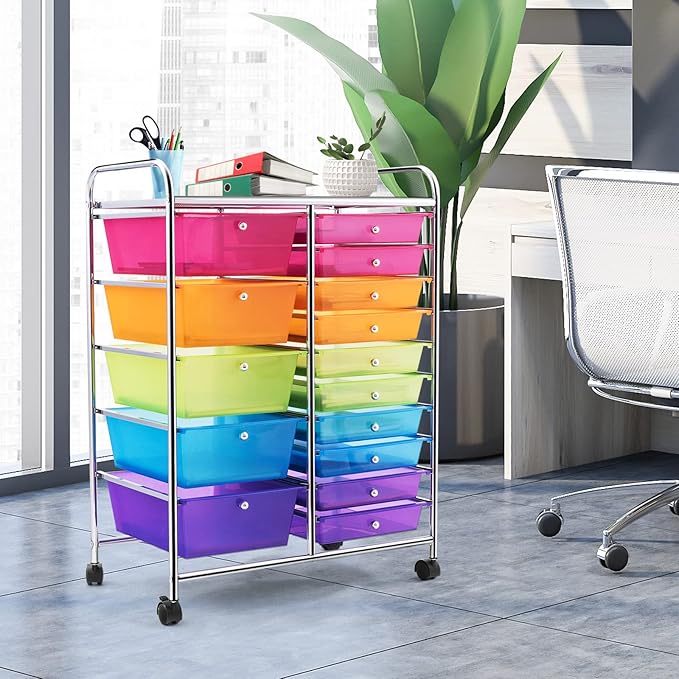 ARLIME 15-Drawer Storage Cart, 15 Drawer Trolley, Rolling Organizer Cart, Scrapbook Paper Organizer, Suitable for Office and School, Rainbow Rolling Office Storage Tools