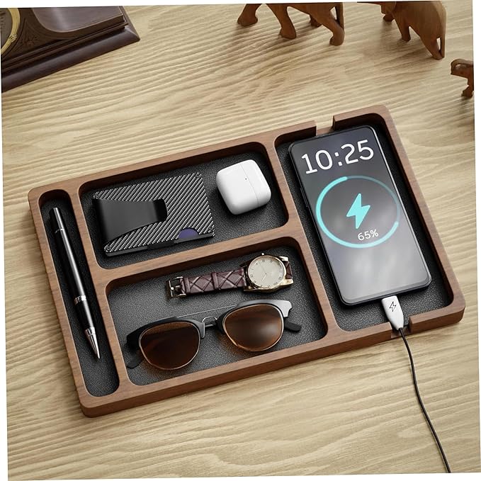 Wooden Valet Tray with Leather Inlay, Compartment Nightstand Catch All Organizer for Keys, Phone, Wallet, Watch, Earbuds, for Men Women, Catch All Tray